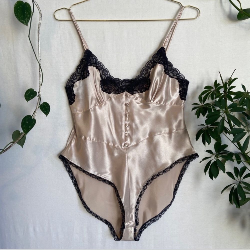 Vintage Satin Lace Chemise Bodysuit in Champagne and Black